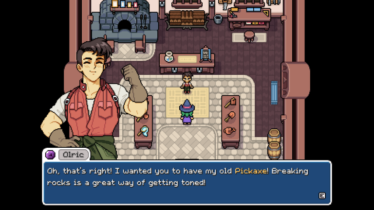 Fields of Mistria - getting the pickaxe from Olric