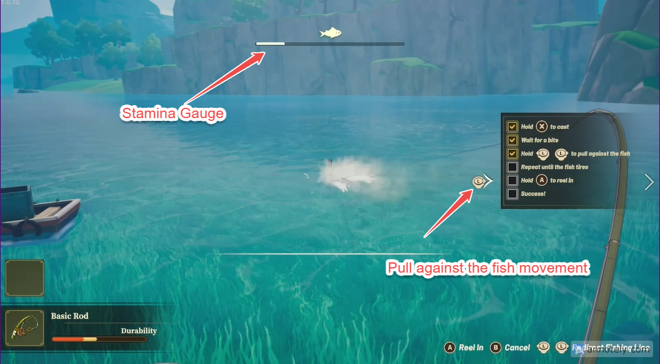 Wait for the bite and hold the button to pull against the fish